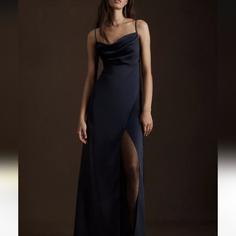 BHLDN Remy Cowl-Neck Faux-Wrap Satin Gown in midnight